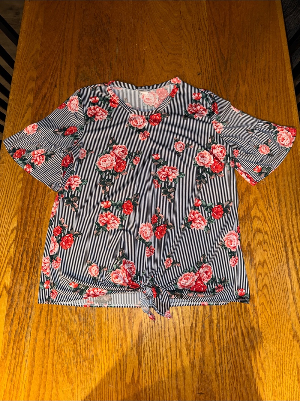 Striped Navy Floral Tie-Hem Short Sleeve Blouse